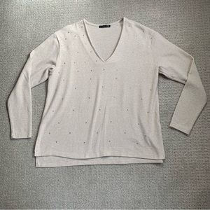 Zara WB Cream Embellished Rhinestone V Neck Sweater Size Medium